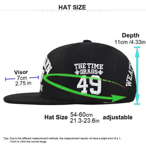 Guide des tailles détaillé pour la casquette snapback hip hop avec broderie 3D et mesures
