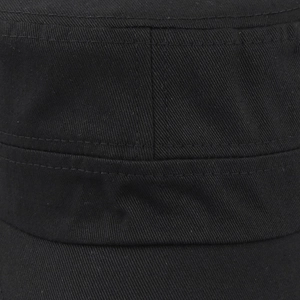 Close-up of black cadet hat featuring durable cotton twill fabric and reinforced stitching