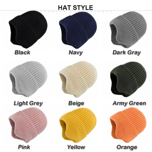 Detailed grid view showcasing 9 different colors of ribbed knit winter hats with ear flaps