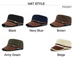 Flat top military cap with star embroidery and leather strap in five classic colors