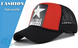 Detail of red and black mesh trucker hat with white star print and vintage lettering