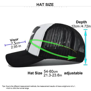 Size chart for the mesh trucker hat showing visor length, depth, and circumference