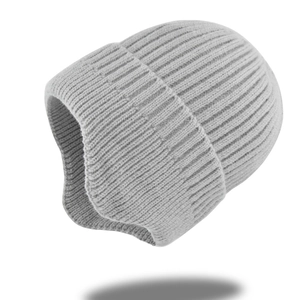 Detailed view of light grey knit beanie texture with vertical ribbed pattern and folded brim