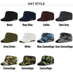 Collection of flat top army caps in various solid colors and camouflage patterns