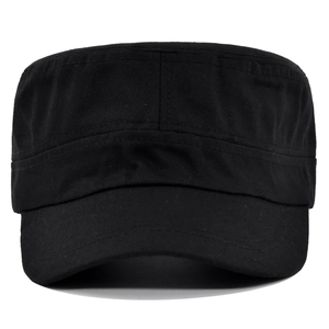Classic black cotton flat top army cap with structured canvas texture and curved brim