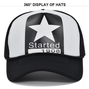 Detail of white trucker hat with black star print and breathable black mesh side panels