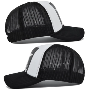 Detail of black breathable mesh back and printed white front panel on trucker hat
