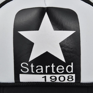 Black and white mesh trucker hat featuring a pentagram star and Started 1908 print