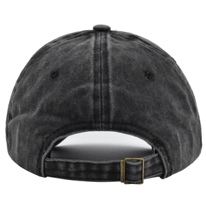 Detail view of washed charcoal baseball cap showing adjustable metal buckle and stitching