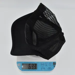 Lightweight black mesh snapback hat weighing 63.3g with adjustable plastic closure