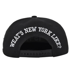 Rear view of black hip hop snapback cap with white 3D embroidery and plastic buckle