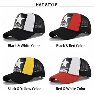 Mesh trucker hats with star print in black, red, yellow, and white colorways