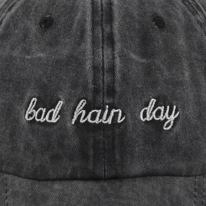 Vintage washed dark grey cotton baseball cap with white bad hair day embroidery