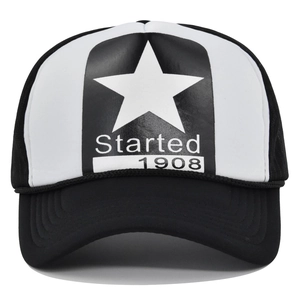 Classic black and white mesh trucker hat with white star print and 1908 text detail