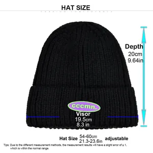 Size chart for winter knit beanie showing depth 20cm and adjustable 54-60cm circumference