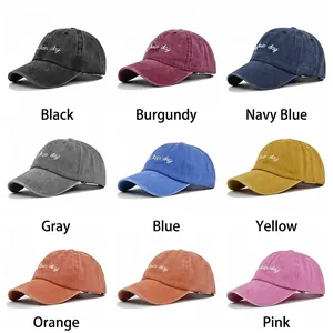 Vintage washed cotton baseball caps with 3D Rain Day embroidery in eight colors
