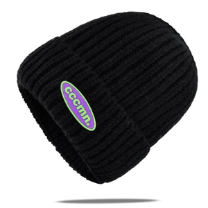 Black ribbed knit beanie with purple cccmn letter patch for winter warmth and fashion