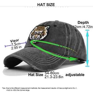 Detailed size chart for the tiger embroidered washed baseball cap showing all dimensions