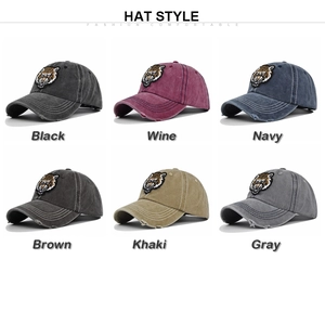 Grid display of six vintage washed baseball caps with detailed tiger embroidery and worn brim