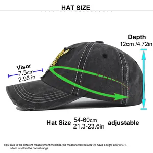 Size chart for washed distressed baseball cap showing 54-60cm adjustable circumference