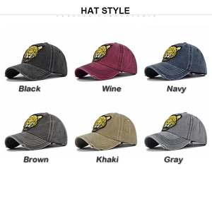 Detail showcasing six vintage washed baseball caps with leopard head embroidery