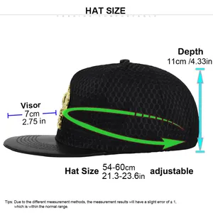 Größentabelle für Hip-Hop-Cap mit 7 cm Schirm und verstellbarem Kopfumfang von 54-60 cm