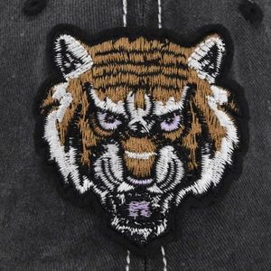 Distressed grey baseball cap featuring detailed 3D tiger head embroidery and washed fabric