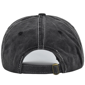 Detail of washed cotton baseball cap back with contrast stitching and adjustable metal buckle