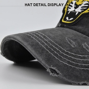 Detailed macro view of vintage washed gray baseball cap with 3D tiger embroidery