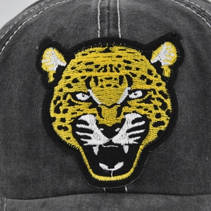 Faded dark gray denim baseball cap featuring large 3D leopard head embroidery