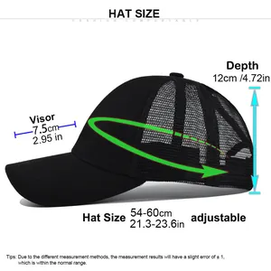 Detailed size chart for adjustable ponytail baseball cap with visor and depth measurements