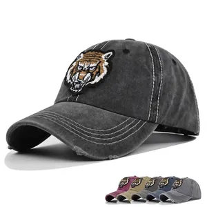 Vintage Washed Cotton Baseball Cap Distressed Tiger Head Embroidery Adjustable Sun Hat For Outdoor Casual Streetwear Men Women
