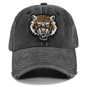 Washed dark grey baseball cap with 3D tiger embroidery and distressed details