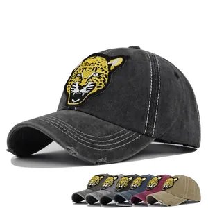 Vintage Washed Cotton Baseball Cap Leopard Embroidery Distressed Adjustable Fashion Sun Hat For Men Women Casual Outdoor Streetwear