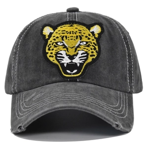 Distressed dark gray baseball cap with 3D leopard embroidery and vintage washed finish