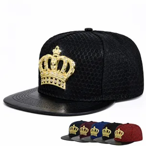 Mode Krone Strass Hip Hop Flache Krempe Baseballkappe Atmungsaktive Mesh Trucker Hat Goldene Krone Metallabzeichen Verstellbar