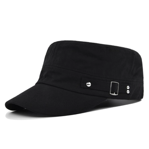 Side view of black military cadet cap with metal studs and adjustable buckle details