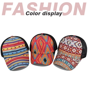 Three patterned baseball caps with bohemian geometric prints and breathable mesh backs