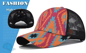 Detail view of ethnic print trucker hat with cross elastic bands for high ponytails