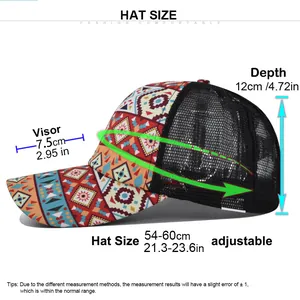 Detailed size chart for the ethnic print ponytail baseball cap showing all dimensions