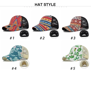 Detailed views of multi-patterned baseball hats with elastic criss-cross ponytail openings