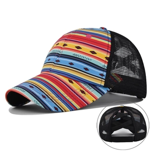 Detail of bohemian striped baseball cap with rear criss-cross elastic for high pony