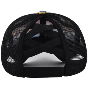 Detail of black mesh trucker hat with elastic criss-cross back for high ponytail hair