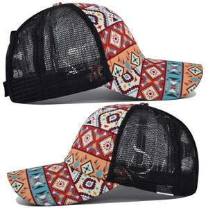 Detailed side view of tribal print baseball cap with breathable mesh and ponytail hole