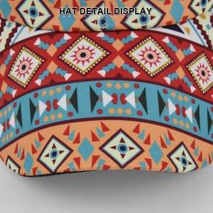 Detail view of ethnic geometric print on high-quality twill canvas baseball hat