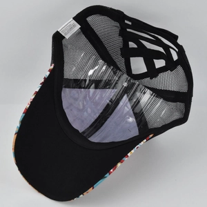 Detail of cross elastic back straps and breathable mesh on ponytail baseball cap