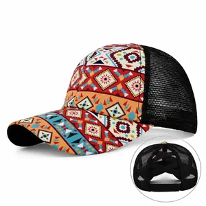 Women Ponytail Baseball Cap Criss-cross Mesh Breathable Adjustable Ethnic Geometric Cactus Print Trucker Hat Sun Hat