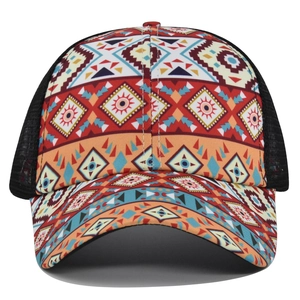 Ethnic geometric pattern baseball cap with cross ponytail hole and black mesh back