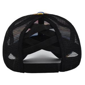 Black mesh ponytail baseball cap with three-tier criss-cross elastic back design