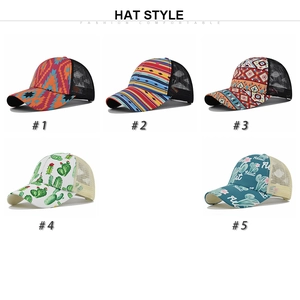 Ethnic and cactus print mesh trucker hats with elastic ponytail hole for women